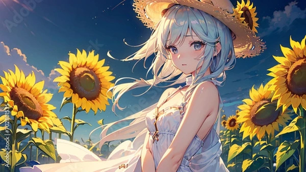 Obraz ひまわり畑　美少女　イラスト｜Generative AI