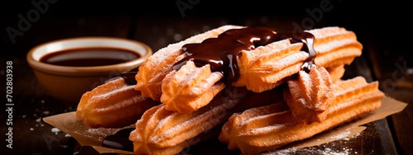 Obraz churros with chocolate. Selective focus.