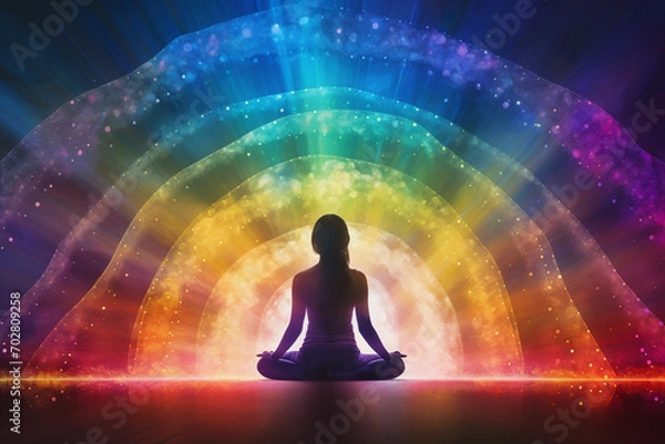 Fototapeta Cosmic Energy Flow, Single Person in Meditation with Rainbow Light Arch and Starry Sky