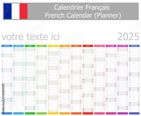 Obraz 2025 French Planner Calendar with Vertical Months on white background