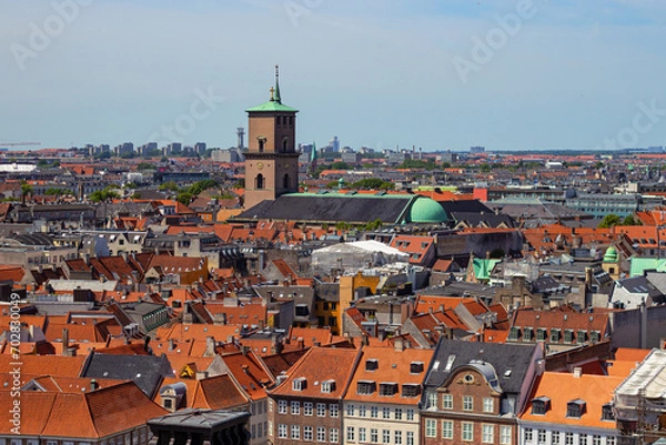 Obraz The Church of Our Lady (Danish: Vor Frue Kirke) in Copenhagen, Denmark. Aerial view of downtown of Copenhagen from the tower of Christiansborg Palace	
