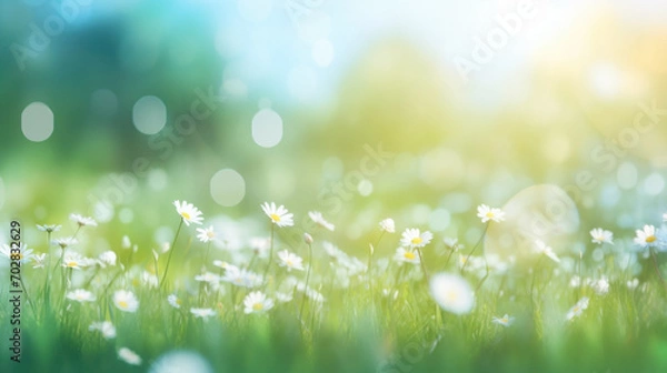 Fototapeta Beautiful daisy flowers on sunny spring meadow. Background with light bokeh and space for text.