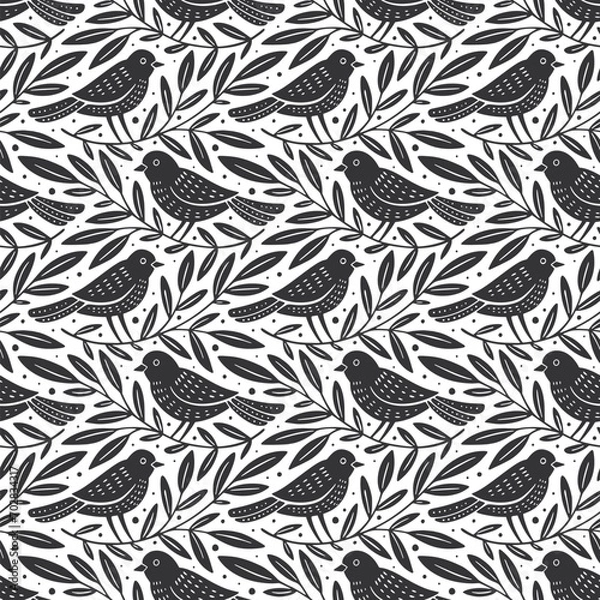 Obraz Hand drawn seamless pattern with decorative birds and branches Nature floral forest seamless pattern