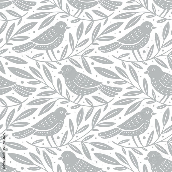 Obraz Hand drawn seamless pattern with decorative birds and branches Nature floral forest seamless pattern