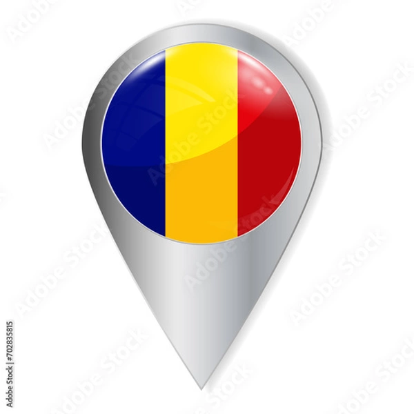 Obraz Vector illustration. Glossy button with highlights and shadows. Geographic location icon. Flag of Romania. User interface element. Set of souvenir countries.