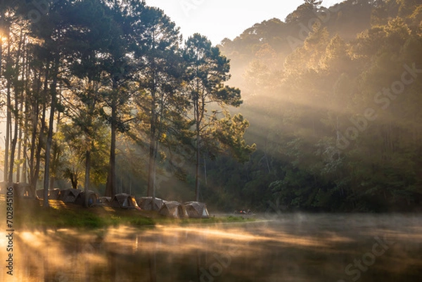 Fototapeta landscape with fog in the morning,View of foggy on the lagoon in front of sunset,morning fog in the lake view.