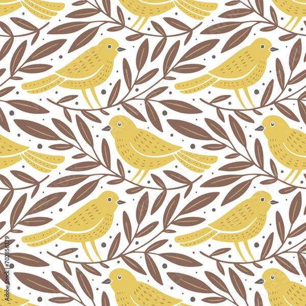Obraz Hand drawn seamless pattern with decorative birds and branches Nature floral forest seamless pattern