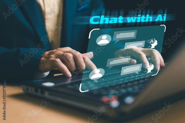 Fototapeta Virtual Global Internet Chat with AI. Ai tech Chat bot for customer. Artificial Intelligence Futuristic technology transformation. Businessman connect Command prompt. Digital computer concept