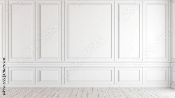 Fototapeta Empty white panelling wall background, classical design, with light colored floors. Mock up