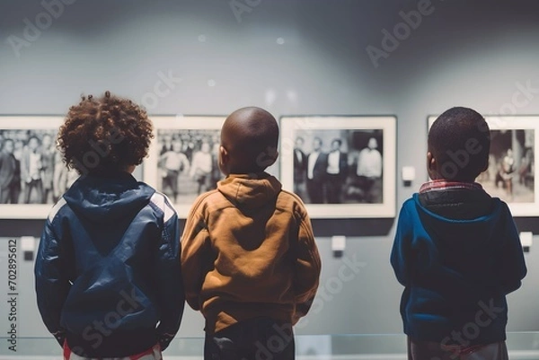 Fototapeta Focus on back view small two afro American kid boys with interest looking on pictures on the wall in gallery in Black history in community center on Black history month celebration