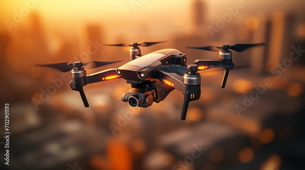 Fototapeta Cool high-tech looking drone flying over a city
