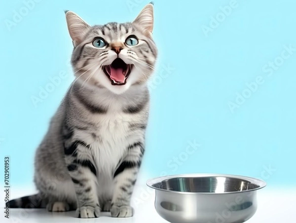 Fototapeta A cute, gray, striped, little cat meows next to an empty plate on a light blue background. The pet wants to eat. Proper nutrition of cats.