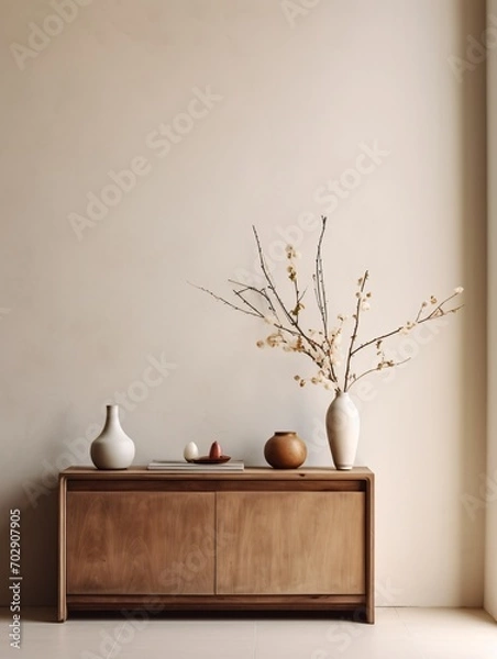 Fototapeta Aesthetic living room with modern decor and wooden sideboard, vase, and books.