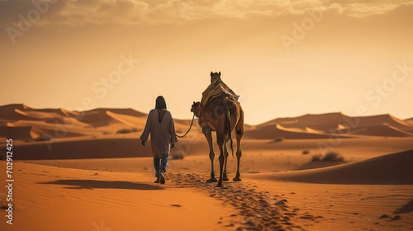 Fototapeta man on the journey with camel in the desert