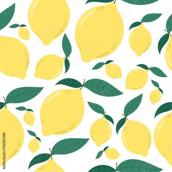 Fototapeta Seamless lemon pattern on isolated background. Cute yellow lemon with green leaves. For textiles, wallpaper, packaging paper.