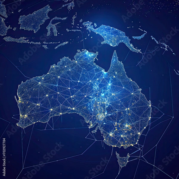Fototapeta Vector illustration of Australia map at night, view of city lights on Earth from space, with interconnected nodes of light. 