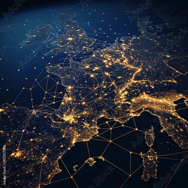 Fototapeta Vector illustration of France map at night, view of city lights on Earth from space, with interconnected nodes of light. 