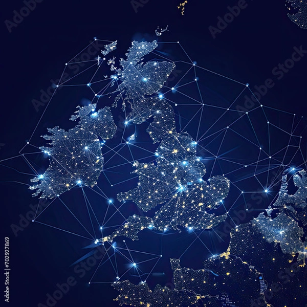 Fototapeta Vector illustration of United Kingdom map at night, view of city lights on Earth from space, with interconnected nodes of light. 