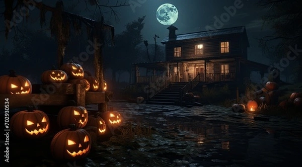 Fototapeta Halloween haunted house with pumpkins and ghosts by the river, in the style of realistic yet stylized, villagecore, harsh lighting, nocturne, captivating, eerily realistic.