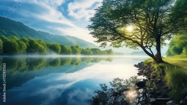 Fototapeta Morning by the river from which the fog has not yet lifted the trees are reflected in the water