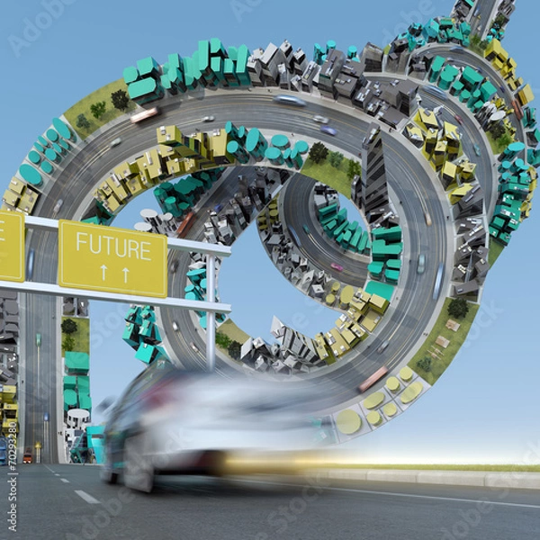 Fototapeta Road to future with futuristic vehicles and architecture.