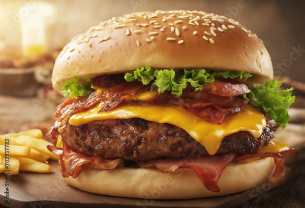 Fototapeta Toasted bun with a bacon and cheese burger