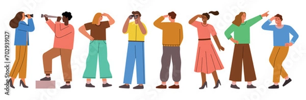 Fototapeta Cartoon people look through binoculars and spyglasses. Glance future, guys and girls explore distance, inspirational perspective, vector set.eps