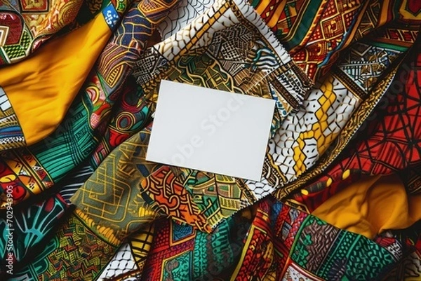 Fototapeta Fabric with African patterns and colors, white card with space to write, digital illustration. Generative AI