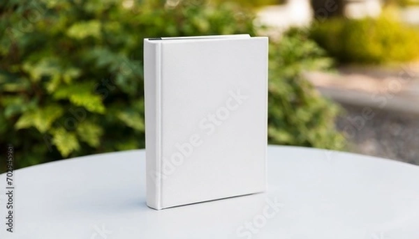 Fototapeta white book mockup with textured hardcover on white table outdoors