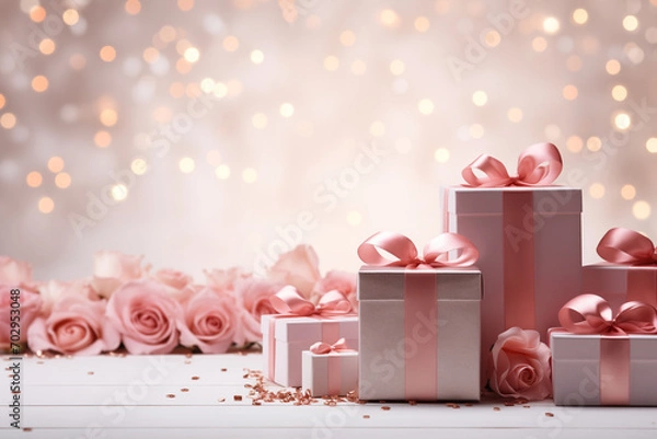Fototapeta Gift boxes with rose and decorations on pink theme - bokeh background