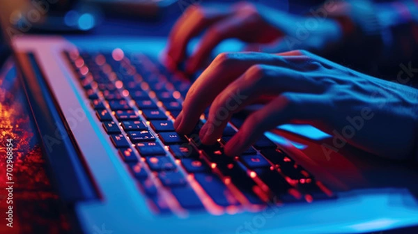 Fototapeta Close-up of a person's hands typing on a backlit laptop keyboard with a screen displaying what appears to be a warning or error message