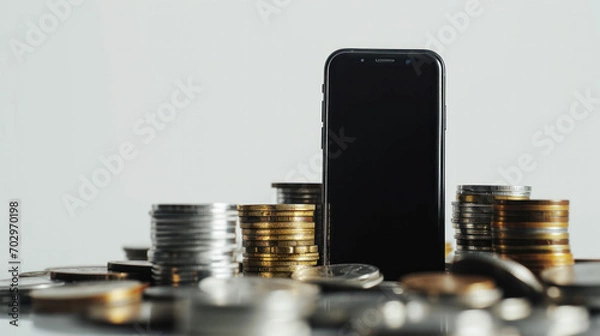 Fototapeta Smartphone Surrounded by Stacks of Coins, Symbolizing Financial Success and Digital Prosperity. Online marketing, stock market, Making money online concept, mockup template.