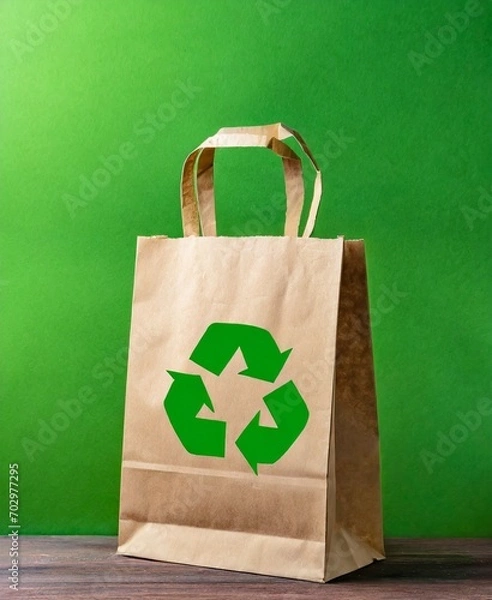 Fototapeta Recyclable paper bag isolated on green background