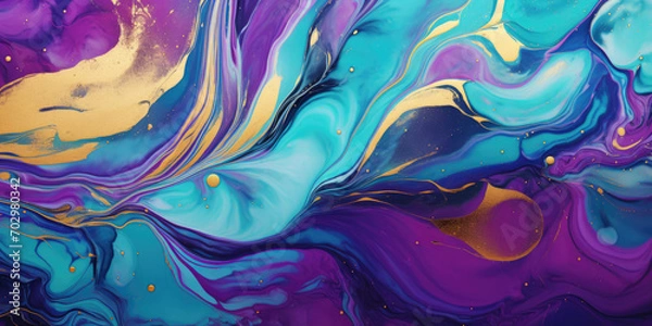 Fototapeta Abstract marble marbled stone ink liquid fluid painted painting texture luxury background banner - Purple turquoise swirls gold painted splashes lines illustration