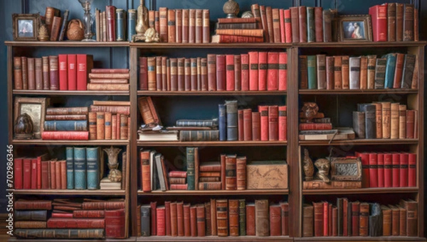 Obraz Blurred image of bookshelves in the library. Large bookcase with many books.  Library or store with bookcases.