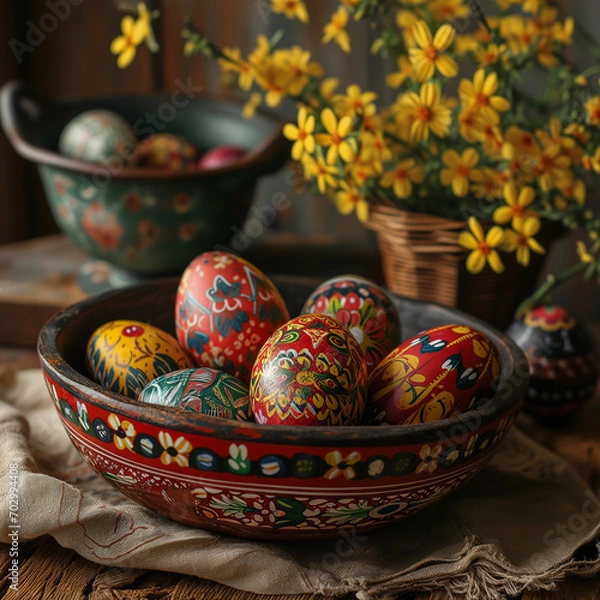 Fototapeta Easter Eggs, pottery, and flowers arranged in a decorative bowl AI Generated	