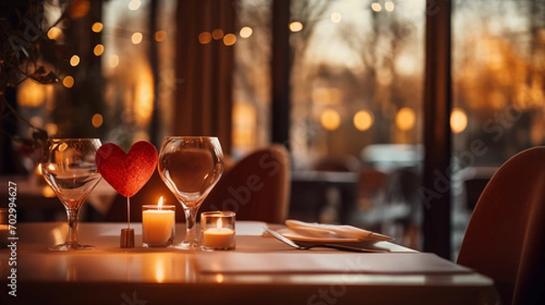 Fototapeta Celebrating atmosphere in cafe, restaurant with red heart sign and bokeh. Valentine's day design background.