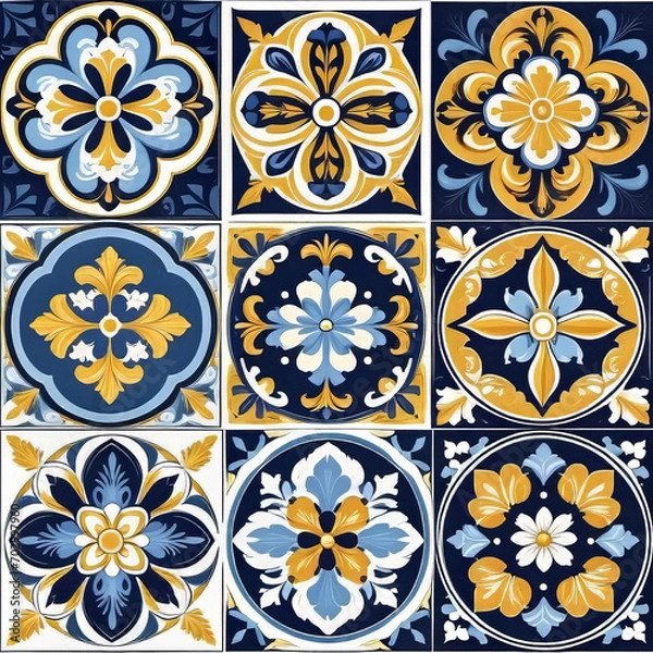 Obraz Mediterranean blue tile patterns, Portuguese tile patterns, ceramic tile pattern for kitchen, bathroom, 