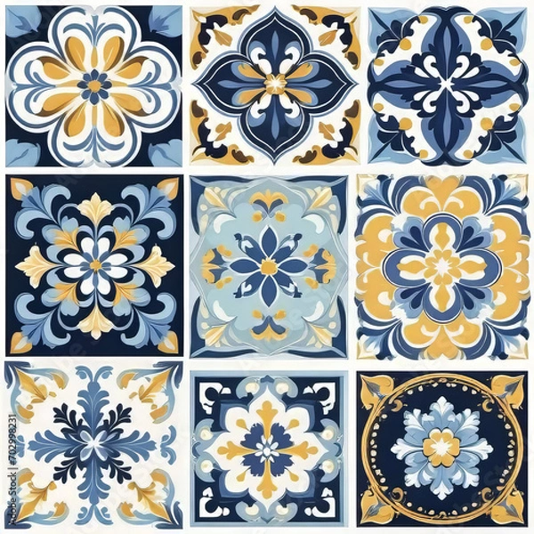 Obraz Mediterranean blue tile patterns, Portuguese tile patterns, ceramic tile pattern for kitchen, bathroom, 