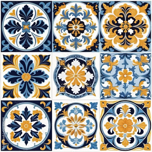 Obraz Mediterranean blue tile patterns, Portuguese tile patterns, ceramic tile pattern for kitchen, bathroom, 