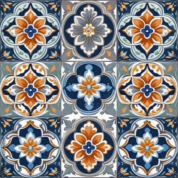 Obraz Mediterranean blue tile patterns, Portuguese tile patterns, ceramic tile pattern for kitchen, bathroom, 