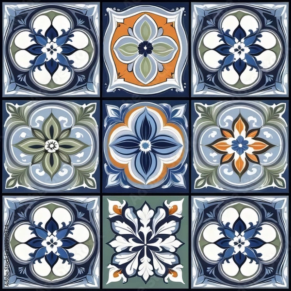 Obraz Mediterranean blue tile patterns, Portuguese tile patterns, ceramic tile pattern for kitchen, bathroom, 