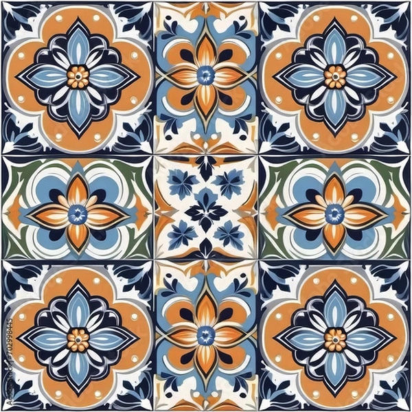 Obraz Mediterranean blue tile patterns, Portuguese tile patterns, ceramic tile pattern for kitchen, bathroom, 