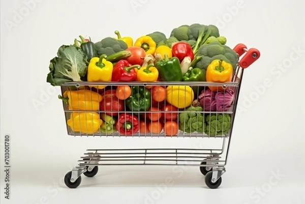 Obraz vibrant assortment of fresh fruits and vegetables in fully stocked supermarket shopping cart
