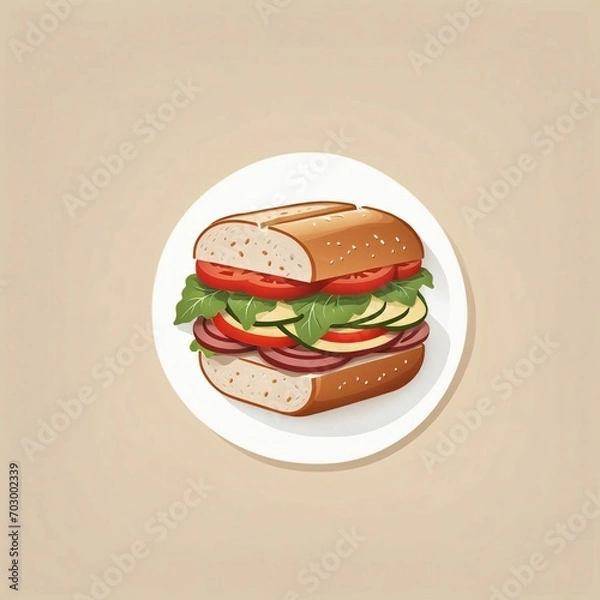 Fototapeta Isometric sandwich with bread, ham, tomato, cheese, cucumber, onion, and lettuce. Delicious fast food concept. Breakfast or lunch dish. Cartoon meal icon.