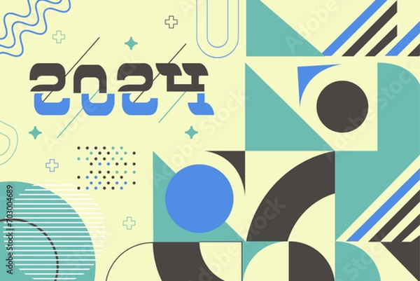 Obraz Abstract geometric 2024 new year in retro style. happy new year greeting card cover for 2024 calligraphy typography with colorful shapes. isometric vector illustration