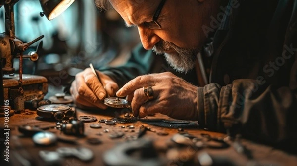 Obraz Watchmaker in workshop fixing a watch