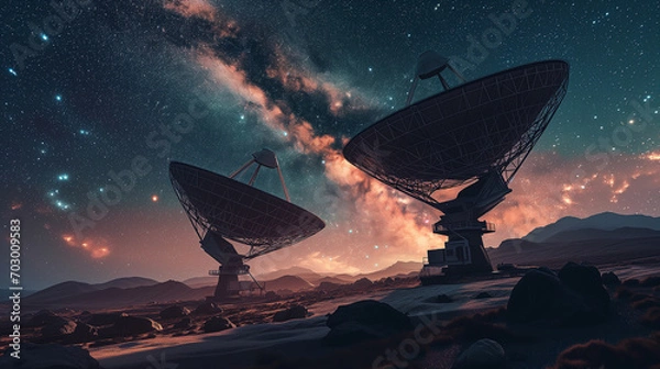 Fototapeta Twin radio telescopes connecting with starry canvas at state-of-the-art observatory