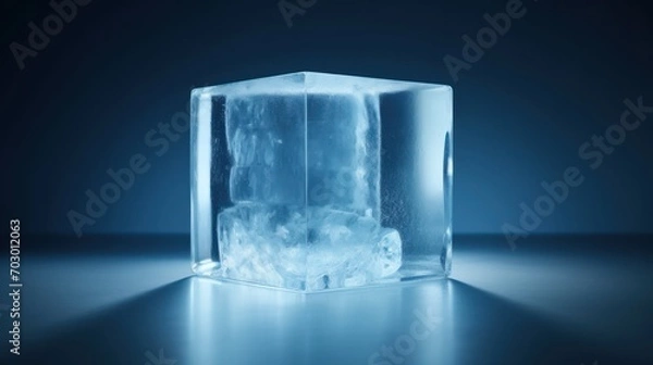 Fototapeta  an ice cube sitting on a table in the middle of a dark room with a light coming from the top of it.