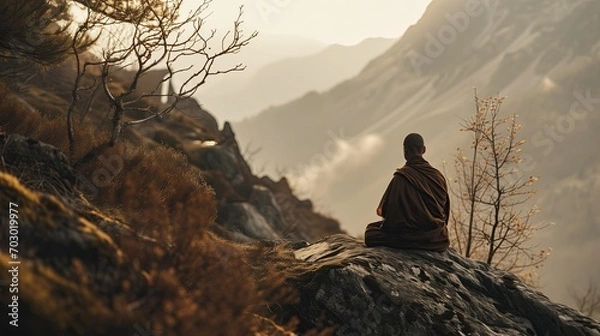 Fototapeta A monk meditates on a mountain overlooking a misty valley.